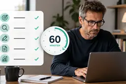 Een zzp'er werkt geconcentreerd aan een laptop in een lichte thuiswerkplek, met een eenvoudige visuele checklist en een 60-minutentimer die een wekelijkse AI-routine symboliseren.