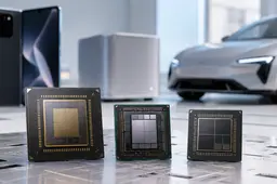 Drie geavanceerde halfgeleiderchips op de voorgrond, met daarachter een smartphone, een lokale AI-computer en een elektrische auto.