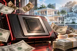 AMD-style AI accelerator surrounded by US dollar bills, with a luminous spatial 3D environment representing World Labs.