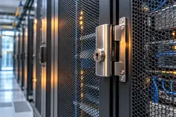 Metalen slot op een gesloten serverkast, met blauwe en amberkleurige verlichting in een datacenter
