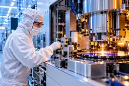ASML cleanroom technician working beside advanced semiconductor manufacturing equipment under contrasting blue and amber light.