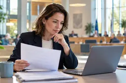 Gemeentemedewerker bekijkt een document naast haar laptop in een lichte vergaderruimte.