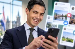 Rob Jetten gebruikt een smartphone terwijl socialmediaberichten visueel om hem heen verschijnen in een politieke kantooromgeving.