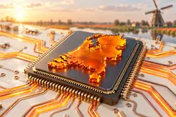 Oranje silhouet van Nederland op een computerchip, met lichtgevende circuitlijnen en een molen op de achtergrond.