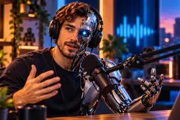 Half menselijke, half robotachtige podcastpresentator spreekt in een studiomicrofoon, met warme oranje en blauwe studioverlichting.