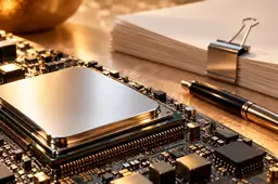 Zilverkleurige chip op een printplaat, met een stapel blanco papieren, metalen klem en pen op de achtergrond