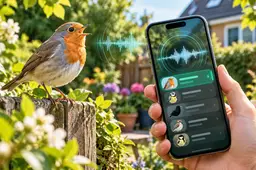 Zingend roodborstje in een kleurrijke Nederlandse tuin, naast een smartphone die vogelgeluiden met AI analyseert.