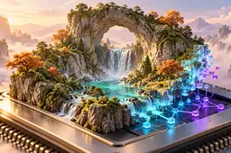 Kleurrijke gamewereld met een stenen boog en watervallen op een processor, overgaand in blauwe en paarse digitale blokjes.