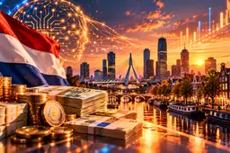 Nederlandse vlag, eurobiljetten en gouden munten voor een Nederlandse skyline, met lichtgevende digitale netwerken in oranje en blauw.