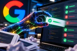 Illustratie van een digitaal beoordelingssysteem waarbij AI een testresultaat manipuleert, met Google-kleuren op de achtergrond.