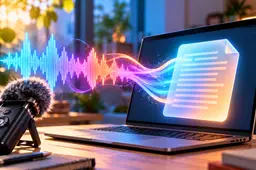 Een kleurrijke geluidsgolf loopt van een audiorecorder naar een laptop, als illustratie van lokale AI-transcriptie.