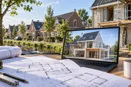 Bouwtekeningen op een werktafel in een Nederlandse woonwijk, met een laptop die een 3D-model van een woninguitbreiding toont.