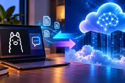 Laptop met lokale AI tegenover cloudservers, verbonden door datastromen die laten zien dat lokale AI toch de cloud kan gebruiken.