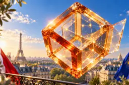 Zwevende oranje glazen kubus met lichtverbindingen, met de Eiffeltoren en Franse en Europese vlaggen op de achtergrond.