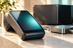Betaalterminal met leeg scherm en compacte computerhardware op een lichte toonbank, belicht met subtiele turquoise accenten