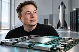 Illustratie van Elon Musk met een grote AI-chip op de voorgrond, een zilveren raket en serverkasten op de achtergrond.