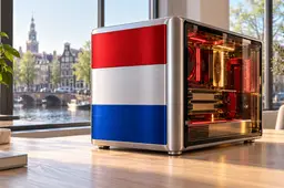 Computer in Nederlandse kleuren met rood-gouden verlichting, voor een raam met uitzicht op Amsterdamse grachten.