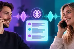 Twee mensen voeren een telefoongesprek terwijl AI-geluidsgolven en een digitale transcriptie tussen hen verschijnen.
