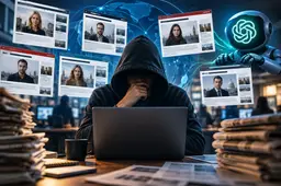 Anonieme persoon achter een laptop, omringd door fictieve journalistieke profielen en AI-symboliek die digitale beïnvloeding verbeeldt.