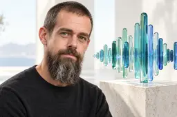 Illustratie van Jack Dorsey naast een glazen geluidsgolf in mintgroen en blauw, als symbool voor spraak-AI.