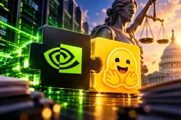 Groene Nvidia- en gele Hugging Face-puzzelstukken schuiven in elkaar, met Vrouwe Justitia en het Capitool op de achtergrond.