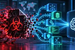OpenAI analyseert kwaadaardige software met AI, weergegeven als een digitaal malwarebestand dat uiteenvalt in afzonderlijke beveiligingsanalyses.