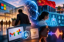 Medewerker verlaat een technologiebedrijf met een doos, omringd door beelden van AI, medische technologie en spraakherkenning.