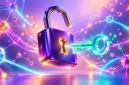 Open paars hangslot met een lichtgevende digitale sleutel, omringd door kleurrijke netwerkverbindingen.