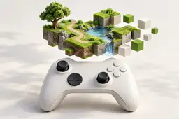Witte gamecontroller met daarboven een zwevende miniatuurwereld van gras, een boom, water en losse bouwblokken.