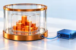 Blue computing unit connected to orange blocks inside nested glass enclosures, illustrating controlled AI code execution.