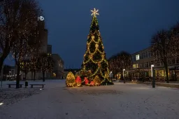 Rotušės aikštės eglutę puošia rankų darbo kankorėžiai