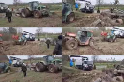 Ūkininkas su pagalbininkais išvadavo pavojingai pasvirusį sunkvežimį