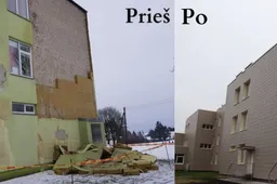 Suremontuotas pavojų kėlęs Miroslavo gimnazijos fasadas