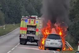 Kelyje Alytus–Druskininkai visiškai sudegė „Mazda“ automobilis