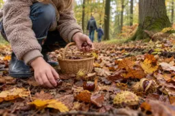 Kind raapt kastanjes in een herfstbos bij Apeldoorn