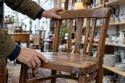 Handen controleren een gebruikte houten stoel in een kringloopwinkel.