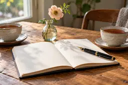 Notitieboek en thee bij daglicht