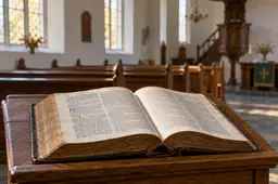 Open Bijbel op een houten lezenaar in een kerk, AI-illustratie