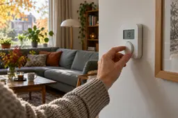 Hand stelt een thermostaat in op 19 graden in een woonkamer tijdens de herfst