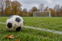 Voetbal op een nat grasveld met een doel en herfstbomen op de achtergrond – AI-illustratie