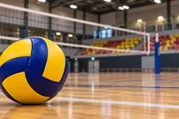 Geel-blauwe volleybal op de vloer van een sporthal; AI-illustratie.