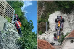 Cosa ci fa una Red Bull di Formula 1 appesa su una parete rocciosa?