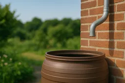 Regenvat naast stenen muur