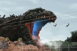 Nieuwe attractie Japan: bungelend aan een touwtje de bek van Godzilla in