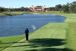 Golfer slaat af en raakt mid-air een eend die er gelijk met de pet naar gooit