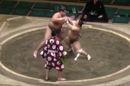Sumo-worstelaar doet een tandverpulverende KO
