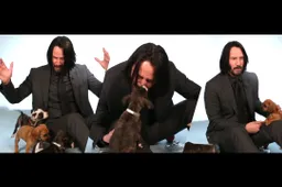 Een met puppy's omringde Keanu Reeves beantwoordt vragen van fans