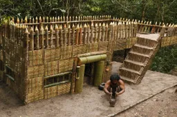 Baas bouwt in de wildernis een vet huis van boomstammen