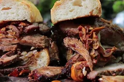 Guy maakt hemelse sandwich op een kampvuur