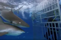 Shaquille O'Neal krijgt onaangenaam bezoek in zijn kooi terwijl hij zwemt met haaien